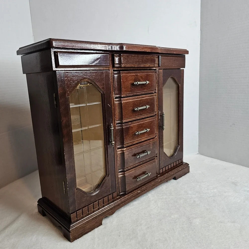 Vintage Wood Jewelry Box Brown Velvet Lined Mirror 5 Drawers Glass Doors